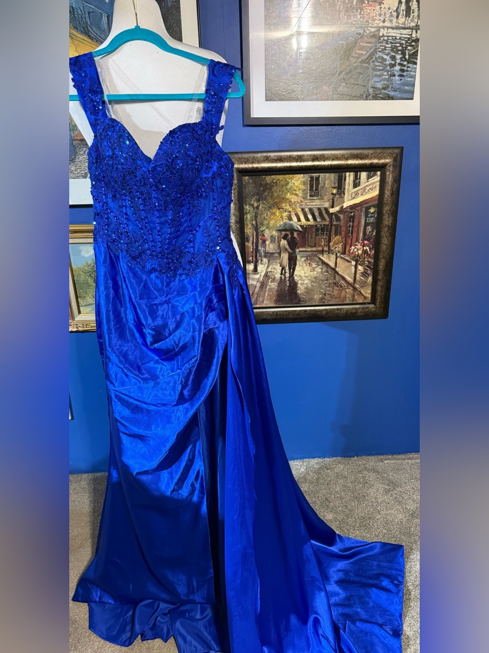 Electric Blue Beaded Prom Gown with Draped Skirt